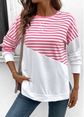 Striped Patchwork Pink Long Sleeve Round Neck Sweatshirt