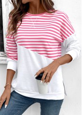 Striped Patchwork Pink Long Sleeve Round Neck Sweatshirt