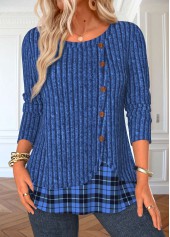 Plaid Button Blue Long Sleeve Round Neck T Shirt