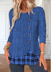 Plaid Button Blue Long Sleeve Round Neck T Shirt