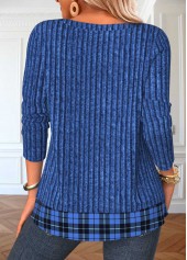 Plaid Button Blue Long Sleeve Round Neck T Shirt