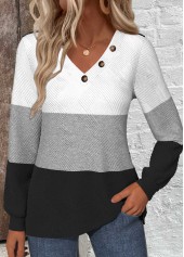 Patchwork Black Long Sleeve V Neck Sweatshirt