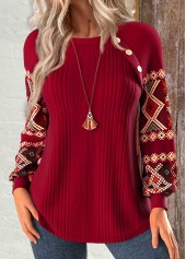 Tribal Print Patchwork Wine Red Long Sleeve Sweatshirt