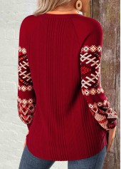 Tribal Print Patchwork Wine Red Long Sleeve Sweatshirt