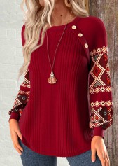 Tribal Print Patchwork Wine Red Long Sleeve Sweatshirt