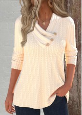 Button Beige Long Sleeve Asymmetrical Neck Sweatshirt