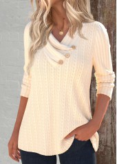 Button Beige Long Sleeve Asymmetrical Neck Sweatshirt