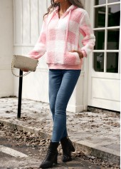 Plaid Drawstring Pink Long Sleeve Hoodie