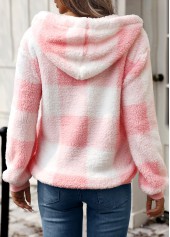 Plaid Drawstring Pink Long Sleeve Hoodie