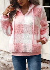 Plaid Drawstring Pink Long Sleeve Hoodie