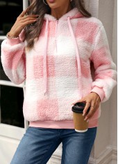 Plaid Drawstring Pink Long Sleeve Hoodie