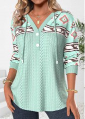 Tribal Print Patchwork Green Long Sleeve Hoodie