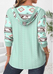 Tribal Print Patchwork Green Long Sleeve Hoodie