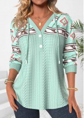 Tribal Print Patchwork Green Long Sleeve Hoodie