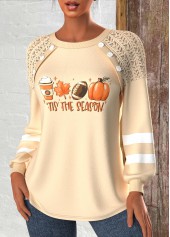 Halloween Patchwork Light Camel Long Sleeve Round Neck Sweatshirt