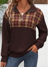Plaid Zipper Dark Coffee Long Sleeve V Neck Sweatshirt