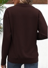 Plaid Zipper Dark Coffee Long Sleeve V Neck Sweatshirt
