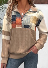 Geometric Print Zipper Light Camel Long Sleeve Sweatshirt
