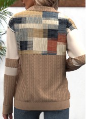 Geometric Print Zipper Light Camel Long Sleeve Sweatshirt