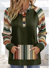 Tribal Print Patchwork Olive Green Long Sleeve Hoodie
