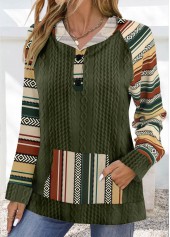 Tribal Print Patchwork Olive Green Long Sleeve Hoodie