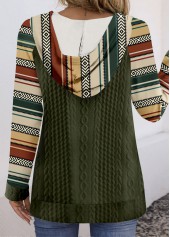 Tribal Print Patchwork Olive Green Long Sleeve Hoodie