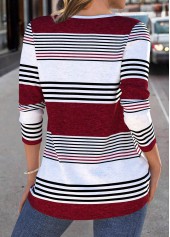 Striped Patchwork Deep Red Long Sleeve T Shirt
