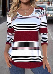 Striped Patchwork Deep Red Long Sleeve T Shirt