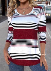 Striped Patchwork Deep Red Long Sleeve T Shirt