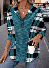 Plaid Patchwork Peacock Blue Long Sleeve Hoodie