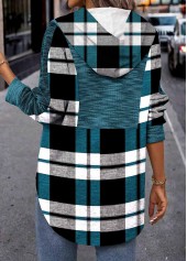 Plaid Patchwork Peacock Blue Long Sleeve Hoodie