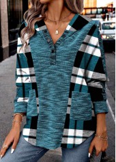 Plaid Patchwork Peacock Blue Long Sleeve Hoodie