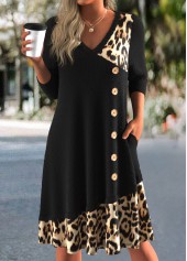 Leopard Button Black A Line 3/4 Sleeve Dress