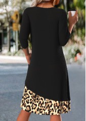 Leopard Button Black A Line 3/4 Sleeve Dress