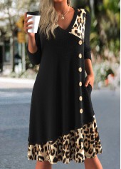 Leopard Button Black A Line 3/4 Sleeve Dress