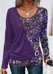 Patchwork Dark Purple Long Sleeve T Shirt