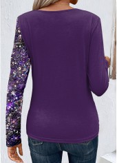 Patchwork Dark Purple Long Sleeve T Shirt