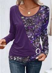 Patchwork Dark Purple Long Sleeve T Shirt
