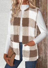 Plaid Light Camel Sleeveless Round Neck Waistcoat