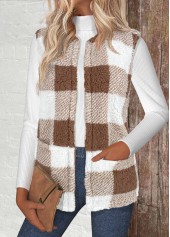 Plaid Light Camel Sleeveless Round Neck Waistcoat