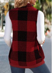 Plaid Plush Wine Red Sleeveless Stand Collar Waistcoat