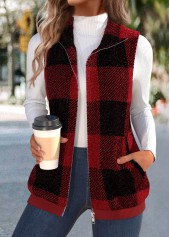 Plaid Plush Wine Red Sleeveless Stand Collar Waistcoat