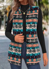 Tribal Print Zipper Multi Color Sleeveless Stand Collar Waistcoat