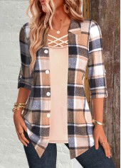Plaid Multi Color 3/4 Sleeve Fake Two Piece Twinset