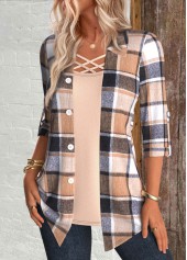 Plaid Multi Color 3/4 Sleeve Fake Two Piece Twinset