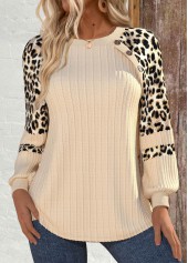 Leopard Patchwork Beige Long Sleeve Round Neck Sweatshirt