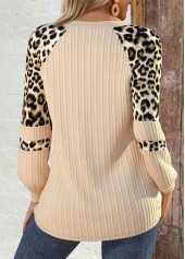 Leopard Patchwork Beige Long Sleeve Round Neck Sweatshirt