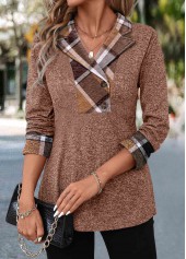 Plaid Patchwork Dark Coffee Long Sleeve Blouse