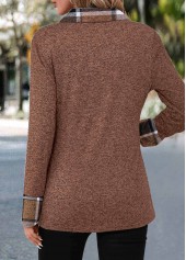 Plaid Patchwork Dark Coffee Long Sleeve Blouse