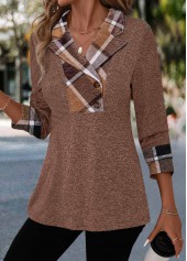 Plaid Patchwork Dark Coffee Long Sleeve Blouse